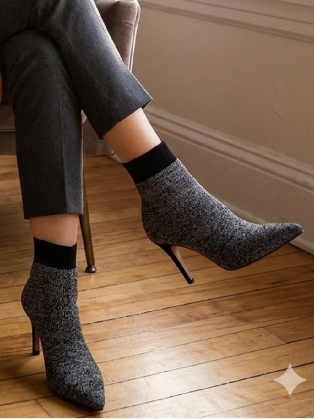 Black Suede Studio Sz 9 Metallic Silver Pointy Toes Sock High Heels Boots